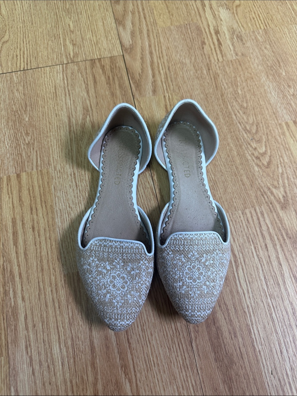 Woven Pointed-Toe Flats in Beige